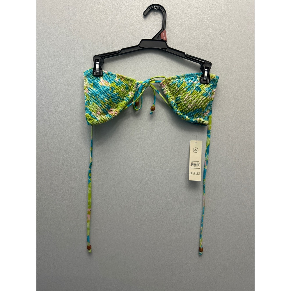 No Boundaries Women Smocked Triangle Bikini Top Green Blue Floral Size M 8-10